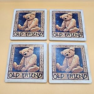Old Friend Teddy Bear Drink Coasters Absorbent Stone Art Set 4 Vintage